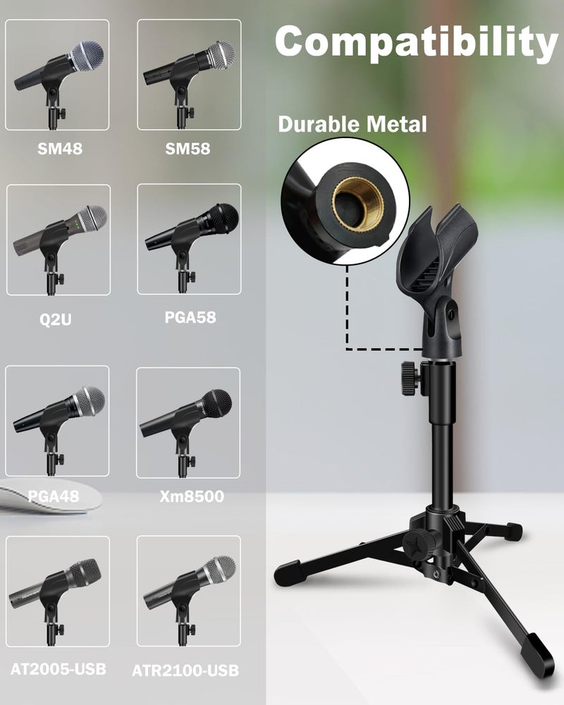 Mictop 2 Pack Desktop Mic Stand, Portable Foldable Tripod with Mic Clip Holder, Adjustable Microphone Stand For Dynamic Microphone. - Image 2
